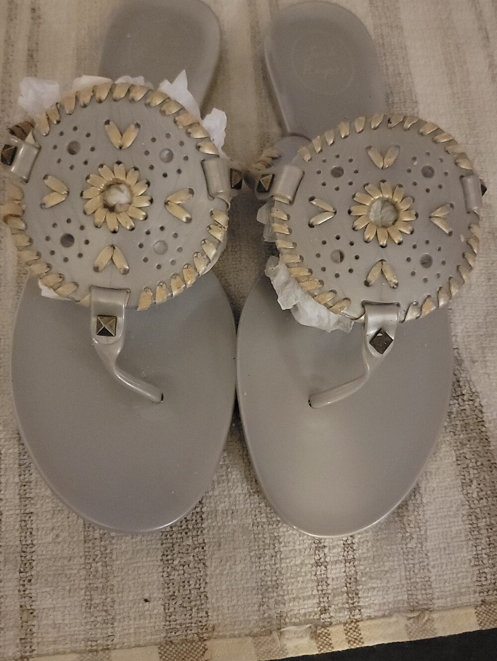 Mark Rogers Round Medallion Flip Flop Sandals in Taupe with Gold Accents